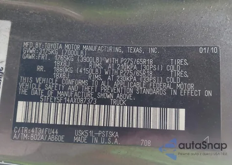 2010 Toyota Tundra Grade 5.7L V8 z USA, uszkodzony, nr VIN 5TFEY5F14AX087373